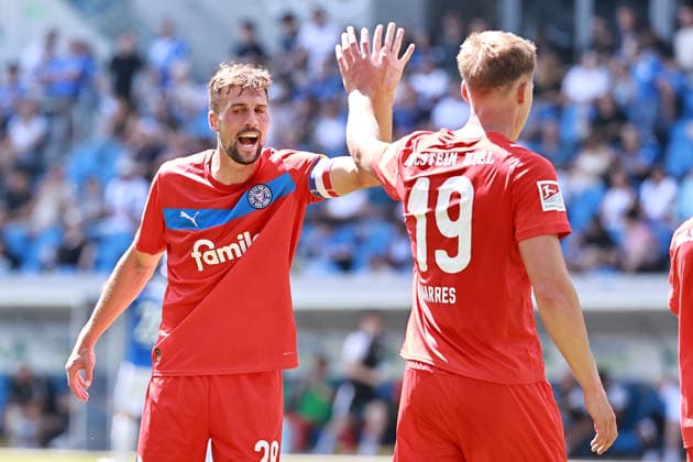 August 8, 2026, xtvx, Soccer 2. Bundesliga, SV Darmstadt 98 vs. Holstein Kiel – Goal scored, goal making it 0–2 by Phil Harres of Holstein Kiel, goal celebration, Goal celebration, celebrating the goal, celebrating the score; Aldin Jakupovic, Holstein Kiel; Phil Harres, Holstein Kiel; DFL and DFB regulations prohibit any use of photographs as image sequences and or quasi-video; Darmstadt