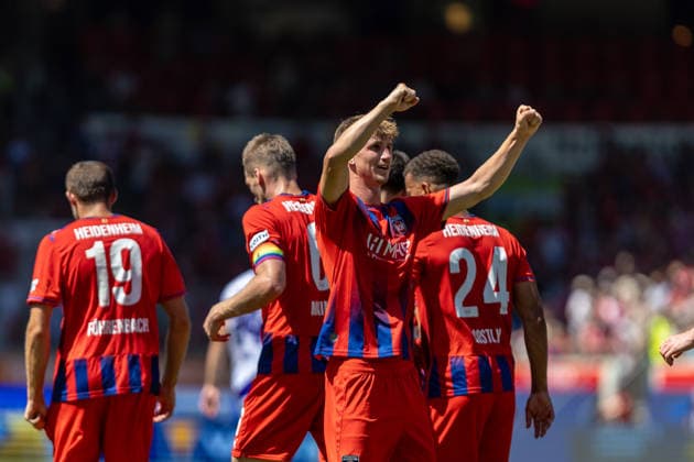 Goal Goal celebration Cheering Joy Emotions Facial expressions Gestures Jan Schoeppner 1 FC Heidenheim, 03 celebrating with fans in the background Marvin Pieringer 1 FC Heidenheim, 18 Patrick Mainka 1 FC Heidenheim, 06 Marcel Costly 1 FC Heidenheim, 24, GER, 1 FC Heidenheim vs. VfL Osnabrück, soccer, 2. Bundesliga, Matchday 01, 2026–2027 season, August 8, 2026, DFL and DFB regulations prohibit any use of photographs as image sequences and or quasi-video, GER, 1 FC Heidenheim vs. VfL Osnabrück, soccer, 2. Bundesliga, Matchday 1, 2026–2027 Season, August 8, 2026, Heidenheim Copyright: xEibner-Pressefoto JanixPlessx EP_JPL