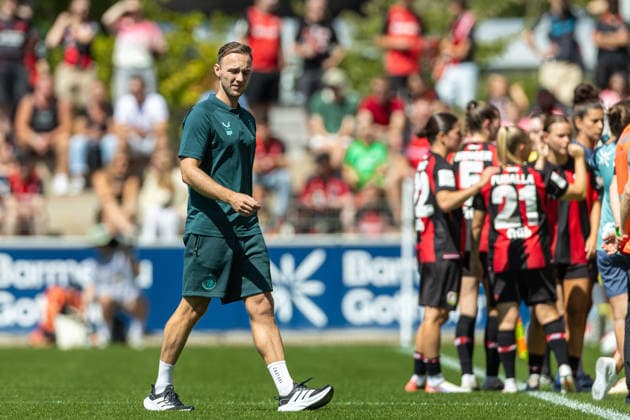 Feyenoord Rotterdam coach Marc Pieters watches during the friendly match between Bayer 04 Leverkusen Women and Feyenoord Rotterdam Women, Ulrich Haberland Stadium on August 8, 2026, in Leverkusen, Germany. Photo by Mario Hommes, DeFodi Images. Coach Marc Pieters of Feyenoord Rotterdam looks on during the preseason friendly match between Bayer 04 Leverkusen Women and Feyenoord Rotterdam Women at Ulrich Haberland Stadium on August 8, 2026 in Leverkusen, Germany Photo by Mario Hommes DeFodi Images
