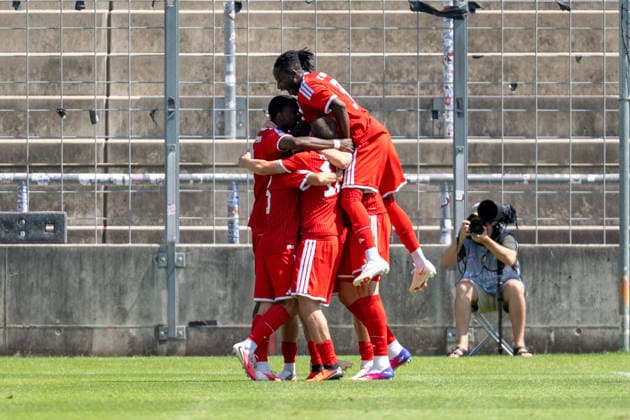 Goal celebration for the 1-0, FC Bayern Amateure, FC Bayern Amateure vs. 1 FC Schweinfurt 05, soccer, Bavarian Regional League, Matchday 3, August 8, 2026. DFB regulations prohibit any use of photographs as image sequences and or quasi-video. Munich, Bavaria, Germany Copyright: xkolbert-press UlrichxGamelx
