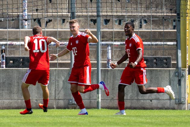 Goal celebration for the 1-0 lead, FC Bayern Amateure, FC Bayern Amateure vs. 1. FC Schweinfurt 05, soccer, Bavarian Regional League, Matchday 3, August 8, 2026. DFB regulations prohibit any use of photographs as image sequences and or quasi-video. Munich, Bavaria, Germany Copyright: xkolbert-press UlrichxGamelx
