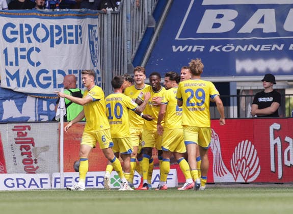 Goal Celebration: Braunschweig Soccer, Men s, 2026–2027 Season, 2. Bundesliga, Avnet Arena, Matchday 1, 1 FC Magdeburg vs. Eintracht Braunschweig. DFL regulations prohibit any use of photographs as image sequences and or quasi-video.