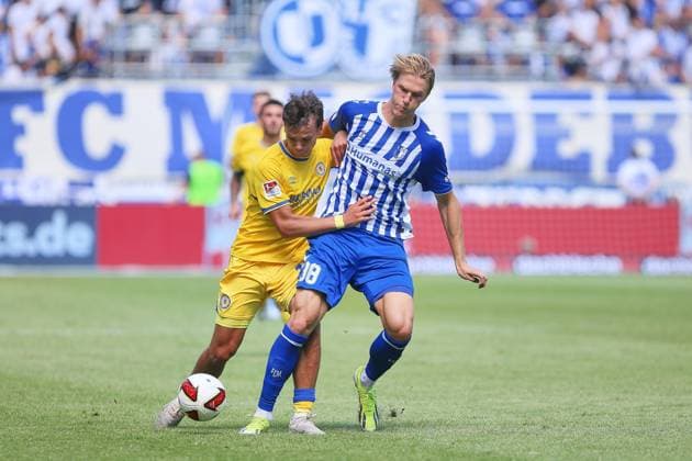 Magdeburg, Saxony-Anhalt, Germany, August 8, 2026, Avnet Arena, Matchday 1, 2026–27 Season, 2. Bundesliga, 1. FC Magdeburg vs. Eintracht Braunschweig, Max Marie 15, Eintracht Braunschweig and Luka Hyryläinen 38, 1 FC Magdeburg in a tackle Copyright: xdtsxNachrichtenagenturx dts_129605