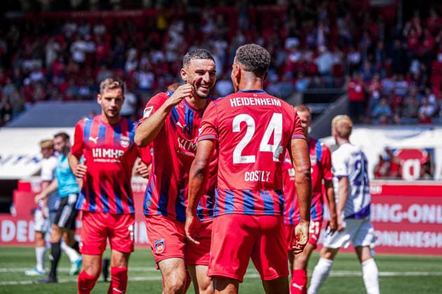 Germany Soccer Season 2026–2027, 2. Bundesliga, 1. FC Heidenheim vs. VfL Osnabrück at Voith Arena, Heidenheim: Marcel Costly (1. FC Heidenheim, 24) and Oualid Mhamdi (1. FC Heidenheim, 22), Celebration, joy, excitement, goal, and goal celebration for the 2–1 win by Heidenheim at the Voith Arena in Germany Copyright: xBennetxLongx