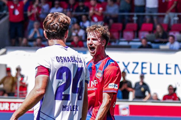 German Soccer Season 2026–2027, 2. Bundesliga, 1 FC Heidenheim vs. VfL Osnabrück, Voith Arena, Heidenheim, Jan Schöppner, 1 FC Heidenheim, 3 facial expressions, emotions, goal, and goal celebration for the 3–2 win by Heidenheim at the Voith Arena in Germany Copyright: xBennetxLongx