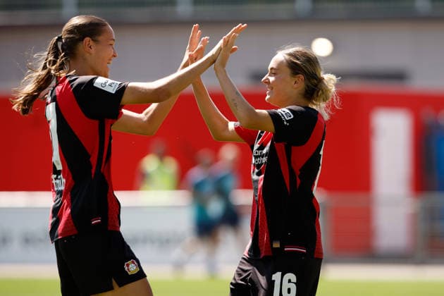 Soccer I Women I Friendly Match I Bayer 04 Leverkusen vs. Feyenoord Rotterdam I August 8, 2026 Valentina Mädl, 17, Bayer 04 Leverkusen and Sofie Zdebel, 16, Bayer 04 Leverkusen, celebrate together after a goal and are happy at the Ulrich Haberland Stadium in Leverkusen, Lower Saxony, Germany Copyright: xLobeca CedricxSiefkerx
