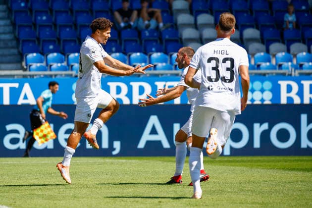August 8, 2026, xavx, Soccer 3rd Division, SV Wehen Wiesbaden vs. Preußen Münster; Montell Ndikom of Preußen Münster celebrates the goal, The goal celebration for the 0–1 score. DFL and DFB regulations prohibit any use of photographs as image sequences and or quasi-video. Wiesbaden
