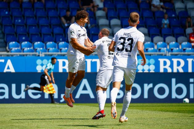 August 8, 2026, xavx, Soccer 3rd Division, SV Wehen Wiesbaden vs. Preußen Münster; Montell Ndikom of Preußen Münster celebrates the goal, The goal celebration for the 0–1 score. DFL and DFB regulations prohibit any use of photographs as image sequences and or quasi-video. Wiesbaden
