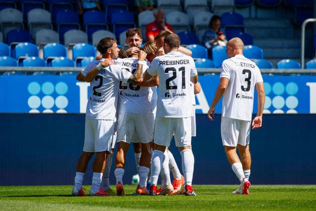 August 8, 2026, xavx, Soccer 3rd Division, SV Wehen Wiesbaden vs. Preußen Münster; Montell Ndikom of Preußen Münster celebrates the goal, The goal celebration for the 0–1 score. DFL and DFB regulations prohibit any use of photographs as image sequences and or quasi-video. Wiesbaden