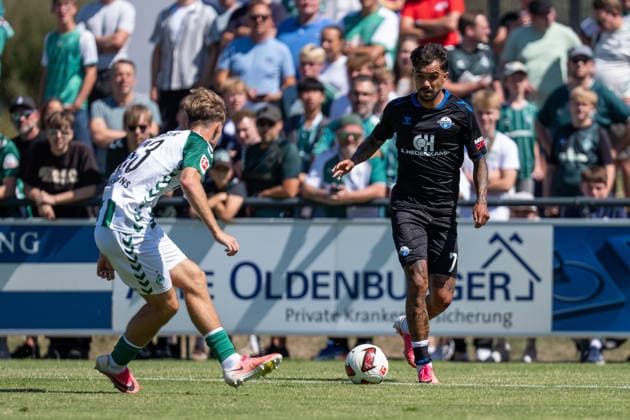 August 8, 2026, GER Germany, Soccer, 2026–2027 Season, Bundesliga, Friendly Match: Werder Bremen vs. SC Paderborn, Tackle between Oliver Batista Meier (SC Paderborn 07, No. 7) and Mick Schmetgens (SV Werder Bremen, No. 33), Vechta Sports Complex, VfL Oythe, Lower Saxony, Germany Copyright: xnordphotoxGmbHx xSchulzex
