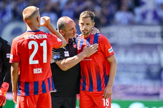 Adrian Beck of 1 FC Heidenheim 1846 (HT) and Marvin Pieringer of 1 FC Heidenheim 1846 gesturing during the 2. Bundesliga match between 1 FC Heidenheim and VfL Osnabrück, Voith Arena on August 8, 2026, in Heidenheim an der Brenz, Germany. Photo by Harry Langer, DeFodi Images. Adrian Beck of 1 FC Heidenheim 1846, ht and Marvin Pieringer of 1 FC Heidenheim 1846 gesturing during the 2nd Bundesliga match between 1 FC Heidenheim and VfL Osnabrück at the Voith Arena on August 8, 2026, in Heidenheim an der Brenz, Germany. Photo by Harry Langer, DeFodi Images. DFB and DFL regulations prohibit any use of photographs as image sequences and or quasi-video. Photo by Harry Langer, DeFodi Images. DFB and DFL regulations prohibit any use of photographs as imSEQUENCES AND OR QUASI-VIDEO