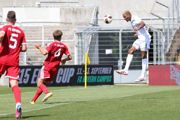 August 8, 2026, Men s, Soccer, 2026–2027 Season, Bavarian Regional League, Matchday 3: FC Bayern Munich II vs. FC Schweinfurt 05. Mike Dellinger (FC Schweinfurt 05) heads in the equalizer to make it 1–1 at Munich’s Städtisches Stadion an der Grü, Bavaria, Germany