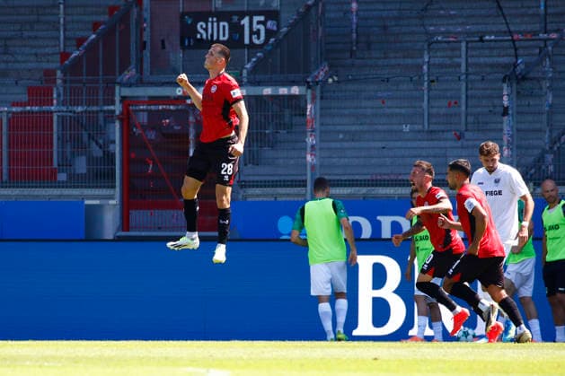 August 8, 2026, xavx, Soccer 3rd Division, SV Wehen Wiesbaden vs. Preußen Münster, Moritz Flotho of SV Wehen Wiesbaden celebrates the goal, The goal celebration for the 1–1 draw. DFL and DFB regulations prohibit any use of photographs as image sequences and or quasi-video. Wiesbaden