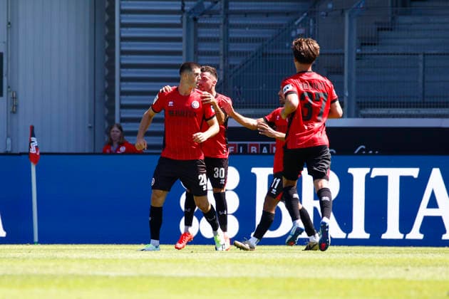 August 8, 2026, xavx, Soccer 3rd Division, SV Wehen Wiesbaden vs. Preußen Münster, Moritz Flotho of SV Wehen Wiesbaden celebrates the goal, The goal celebration for the 1–1 draw. DFL and DFB regulations prohibit any use of photographs as image sequences and or quasi-video. Wiesbaden