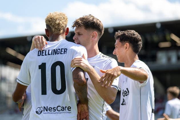 Goal celebration for the 1-1 tie, Michael Dellinger 10-1 FC Schweinfurt 05, FC Bayern Amateure vs. 1 FC Schweinfurt 05, Soccer, Bavarian Regional League, Matchday 3, August 8, 2026. DFB regulations prohibit any use of photographs as image sequences and or quasi-video. Munich, Bavaria, Germany Copyright: xkolbert-press UlrichxGamelx