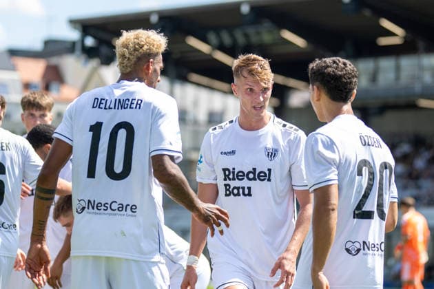 Goal celebration for the 1-1 tie, Michael Dellinger 10-1 FC Schweinfurt 05, FC Bayern Amateure vs. 1 FC Schweinfurt 05, Soccer, Bavarian Regional League, Matchday 3, August 8, 2026. DFB regulations prohibit any use of photographs as image sequences and or quasi-video. Munich, Bavaria, Germany Copyright: xkolbert-press UlrichxGamelx