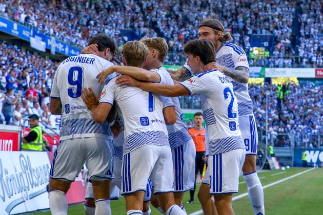 August 8, 2026, xkwix, Soccer, 3rd Division, MSV Duisburg vs. SV Meppen, Schauinsland Reisen Arena, Matchday 1, 2026–2027 season: The team celebrates after Lex Tyger Lobinger scores the 1–0 goal for MSV Duisburg. 9. DFB regulations prohibit any use of photographs as image sequences and or quasi-video. Photo: xKamilxWilkowskixPressefotoKochx, North Rhine-Westphalia, Germany