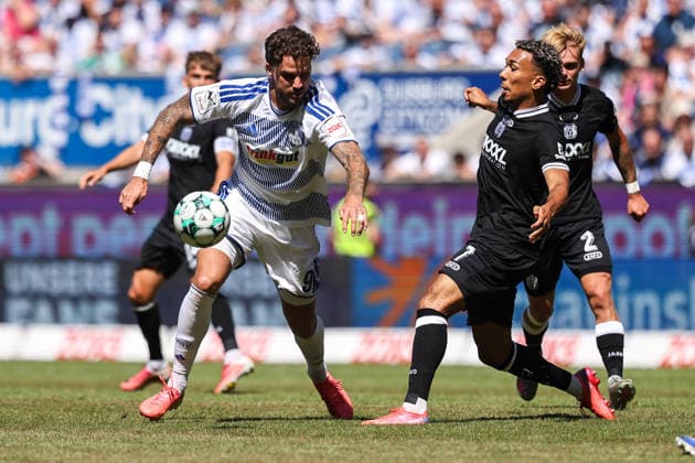 August 8, 2026, xkwix, Soccer, 3rd Division, MSV Duisburg vs. SV Meppen, Schauinsland Reisen Arena, Matchday 1, 2026–2027 Season: Lex Tyger Lobinger (MSV Duisburg 9) in a tackle against Oliver Schmitt (SV Meppen 7). DFB regulations prohibit any use of photographs as image sequences and or quasi-video. Photo: xKamilxWilkowskixPressefotoKochx, North Rhine-Westphalia, Germany