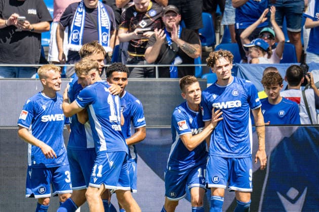 August 8, 2026, xdaymx, Soccer 2. Bundesliga, Karlsruher SC vs. Arminia Bielefeld; Goal scorer: Broschinski, Moritz of Karlsruhe scores the temporary 2–0 goal, sent by Wanitzek, Marvin to celebrate in front of the home fans. DFL and DFB regulations prohibit any use of photographs as image sequences and or quasi-video. Karlsruhe