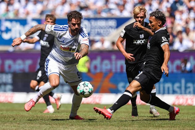August 8, 2026, xkwix, Soccer, 3rd Division, MSV Duisburg vs. SV Meppen, Schauinsland Reisen Arena, Matchday 1, 2026–2027 Season: Lex Tyger Lobinger (MSV Duisburg 9) in a tackle against Oliver Schmitt (SV Meppen 7). DFB regulations prohibit any use of photographs as image sequences and or quasi-video. Photo: xKamilxWilkowskixPressefotoKochx, North Rhine-Westphalia, Germany