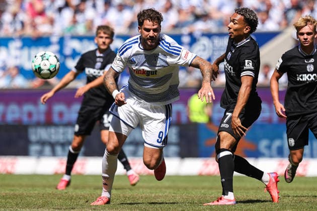 August 8, 2026, xkwix, Soccer, 3rd Division, MSV Duisburg vs. SV Meppen, Schauinsland Reisen Arena, Matchday 1, 2026–2027 Season: Lex Tyger Lobinger (MSV Duisburg 9) in a tackle against Oliver Schmitt (SV Meppen 7). DFB regulations prohibit any use of photographs as image sequences and or quasi-video. Photo: xKamilxWilkowskixPressefotoKochx, North Rhine-Westphalia, Germany