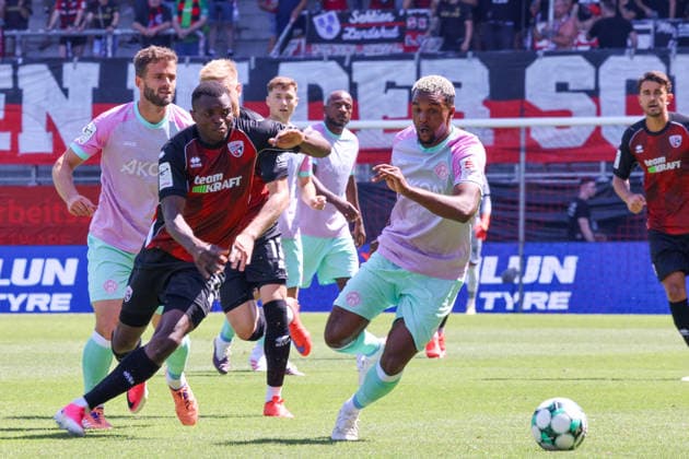 Tackle between Obed Ugondu of FC Ingolstadt 04 (No. 17) and Nathan de Medina of Würzburger Kickers (No. 4) during the match between FC Ingolstadt 04 and Würzburger Kickers on August 8, 2026, DFB regulations prohibit any use of photographs as image sequences and or quasi-video. GER, Soccer, 3. Liga, Matchday 1, FC Ingolstadt 04 vs. Würzburger Kickers, August 8, 2026, Audi Sportpark Ingolstadt Copyright: xEibner-Pressefoto OliverxSTRISCHx EP-OSH