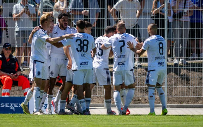 Soccer, 2026–2027 Season, Regionalliga West, August 8, 2026, Matchday 2, Men s, 1 FC Bocholt (white) vs. FC Schalke 04 U23 (blue) Photo by Kilian Zaruba: 1 FC Bocholt, Lennar Garlipp (1 FC Bocholt), Elano Yegen (1 FC Bocholt), Filip Ilic (1 FC Bocholt), Benjamin Friesen 1 FC Bocholt, Marvin Lorch 1 FC Bocholt, Patrick Kurzen 1 FC Bocholt, Stipe Batarilo 1 FC Bocholt, Bocholt Stadion am Huenting, Germany 260808_fb_1fc-bocholt_schalke-04-u23_57489