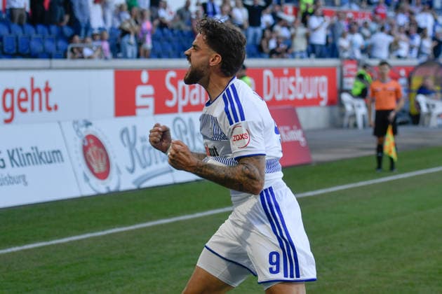 Lex Tyger Lobinger of Duisburg 9 celebrates after scoring the goal to make it 1–0 on August 8, 2026 ¢ Soccer ¢ MSV Duisburg vs. SV Meppen, Schauinsland Reisen Arena, Duisburg, DFB and DFL regulations prohibit any use of photographs as image sequences and or quasi-video. NRW, Germany Copyright: xpepphotox xSaschaxWeizx pep00321, pep_20260808_hm_52559