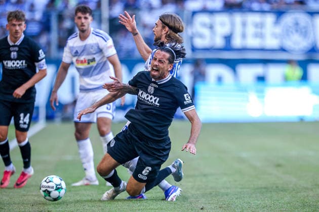 August 8, 2026, xkwix, Soccer, 3rd Division, MSV Duisburg vs. SV Meppen, Schauinsland Reisen Arena, Matchday 1, 2026–2027 season: Ersin Zehir of SV Meppen (6) in a tackle against Joshua Bitter of MSV Duisburg (29). DFB regulations prohibit any use of photographs as image sequences and or quasi-video. Photo: xKamilxWilkowskixPressefotoKochx, North Rhine-Westphalia, Germany