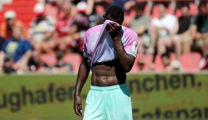 August 7, 2026, 3rd Division, FC Ingolstadt 04 vs. FC Würzburger Kickers; from left: Tarsis Bonga of FC Würzburger Kickers looking disappointed; disappointment; single frame; Ingolstadt, Audi Sportpark, Bavaria, Germany