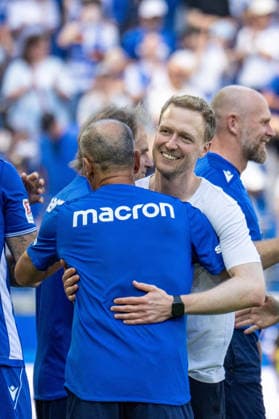 August 8, 2026, xdaymx, Soccer, 2. Bundesliga, Karlsruher SC vs. Arminia Bielefeld: Maximilian Senft celebrates his first home win with the team after the final whistle. DFL and DFB regulations prohibit any use of photographs as image sequences and or quasi-video. Karlsruhe