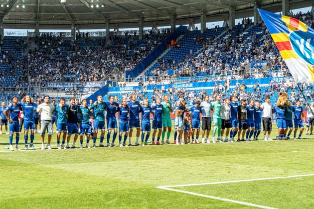 August 8, 2026, xdaymx, Soccer 2. Bundesliga, Karlsruher SC vs. Arminia Bielefeld: The Karlsruhe team celebrates in front of their home stands after a 2–1 home win against Bielefeld. DFL and DFB regulations prohibit any use of photographs as image sequences and or quasi-video. Karlsruhe