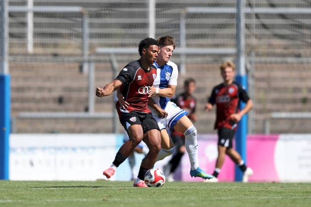 August 8, 2026, Men s Soccer, 2026–2027 Season, Bayernliga North, Matchday 4: SV Viktoria Aschaffenburg vs. FC Ingolstadt 04 II; Niklas Sommer (24), FC Ingolstadt 04 II, and Lars Kleiner (22), SV Viktoria Aschaffenburg; Aschaffenburg, Stadion am Schoenbusch, Bavaria, Germany