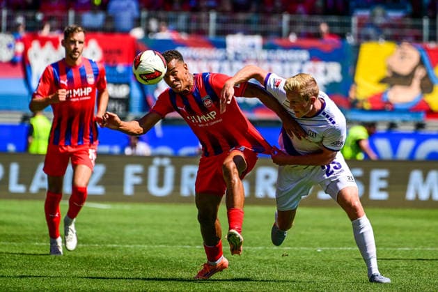 August 8, 2026, GER, Soccer, Men s, 2. Bundesliga, 1. FC Heidenheim vs. VfL Osnabrück; Marcel Costly (Heidenheim, 24) beats Niklas Wiemann (Osnabrück, 25); Heidenheim Voith Arena, Baden-Württemberg, Germany Copyright: xNordphotox xHafnerx
