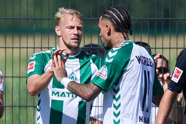 Justin Njinmah of Werder Bremen celebrates his goal to make it 1–0 with Marco Gruell of Werder Bremen during the friendly match between Werder Bremen and SC Paderborn 07 at Stadion am Oyther Berg on August 8, 2026, in Vechta, Germany. Photo by Marco Steinbrenner, DeFodi Images. Justin Njinmah of Werder Bremen celebrates after scoring his team’s first goal with Marco Gruell of Werder Bremen during the friendly match between Werder Bremen and SC Paderborn 07 at Stadion am Oyther Berg on August 8, 2026 in Vechta, Germany. Photo by Marco Steinbrenner, DeFodi Images. Photo by Marco Steinbrenner, DeFodi Images.