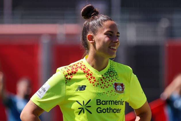 Leverkusen, Germany, August 8, 2026 Season opener: Friendly match between Bayer Leverkusen Women and Feyenoord Rotterdam Women. Pictured: Goalkeeper Charlotte Voll of Leverkusen Copyright: HMBxMedia MadeleinexFantini