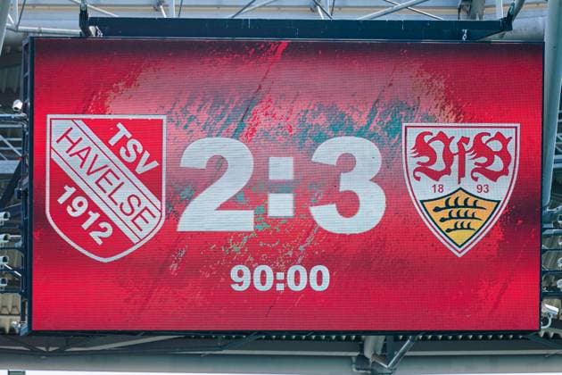 The final score of 2–3 is displayed on the scoreboard: GER, TSV Havelse 1912 vs. VfB Stuttgart II, soccer, 3. Liga, Matchday 1, 2026–2027 season, August 8, 2026 DFL regulations prohibit the use of photographs as image sequences and or quasi-video GER, TSV Havelse 1912 vs. VfB Stuttgart II, soccer, 3rd Division, Matchday 1, 2026–2027 season, August 8, 2026, Hanover Copyright: xEibner-Pressefoto JanxRollingerx EP_JSK
