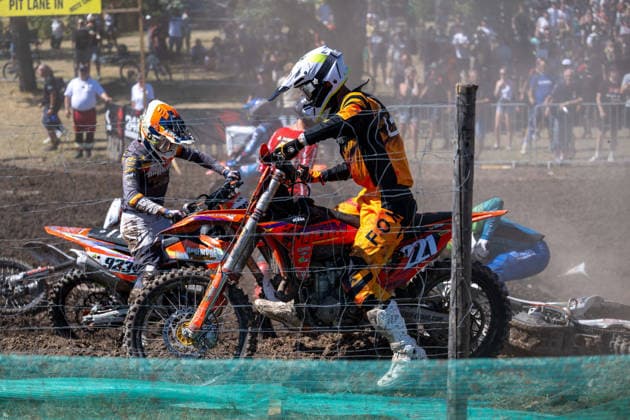After the crash, Nils Weinmann 923, GER, Anthony Caspari 221, GER, and Jakob Madsen 441, DEN resume the race xettx, Germany, Gaildorf, August 8, 2026, Int 61 Gaildorf ADAC Motocross, 2026, Motocross, MX Masters, Last Chance Race, Auf der Wacht