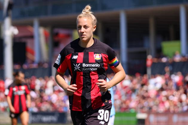 Leverkusen, Germany, August 8, 2026 Season Opener: Friendly Match—Bayer Leverkusen Women vs. Feyenoord Rotterdam Women Pictured: Carolin Simon, Leverkusen Copyright: HMBxMedia MadeleinexFantini