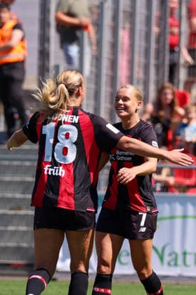 Leverkusen, Germany, August 8, 2026 Season opener: Friendly match between Bayer Leverkusen Women and Feyenoord Rotterdam Women. Pictured from left: Cornelia Kramer, Leverkusen’s second goal scorer, scores the 1–0 goal for Leverkusen and celebrates with Lobke Loonen, Leverkusen. Copyright: HMBxMedia MadeleinexFantini