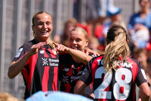 Leverkusen, Germany, August 8, 2026 Season opener: Friendly match between Bayer Leverkusen Women and Feyenoord Rotterdam Women. Pictured from left: Cornelia Kramer, Leverkusen’s second goal scorer, scores the 1–0 goal for Leverkusen and celebrates with Lobke Loonen, Leverkusen. Copyright: HMBxMedia MadeleinexFantini