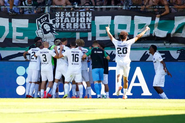 August 8, 2026, xavx, Soccer 3rd Division, SV Wehen Wiesbaden vs. Preußen Münster; Marvin Schulz of Preußen Münster celebrates the goal, The goal celebration for the 1–3 score. DFL and DFB regulations prohibit any use of photographs as image sequences and or quasi-video. Wiesbaden