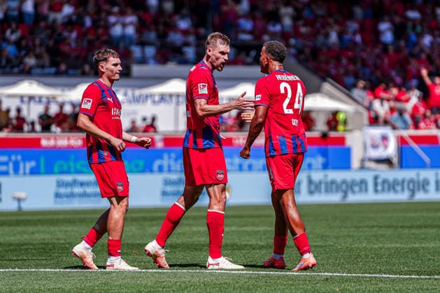 German Soccer Season 2026–2027, 2. Bundesliga, 1 FC Heidenheim vs. VfL Osnabrück, Voith Arena, Heidenheim; Patrick Mainka (1 FC Heidenheim, No. 6) and Marcel Costly (1 FC Heidenheim, No. 24) score goals and celebrate as Heidenheim wins 4–2 at the Voith Arena in Germany Copyright: xBennetxLongx