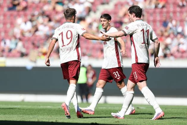 Goal celebration by Robin Fellhauer (19, FC Augsburg) and Michael Gregoritsch (11, FC Augsburg) for the 1-2 score, FC Augsburg vs. US Sassuolo Calcio, Soccer, Bundesliga 1, Friendly Match, 2026-27 Season, August 8, 2026, Augsburg, Bavaria, Germany Copyright: xkolbert-press ChristianxKolbertx