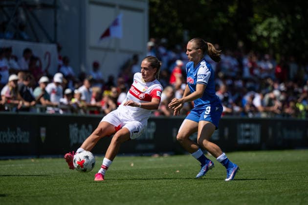 August 8, 2026, GER, Soccer, Women, Friendly, 2026–2027 Season, VfB Stuttgart vs. TSG 1899 Hoffenheim: Daphina Redzepi (VfB Stuttgart, No. 7) in a tackle with Marie Steiner (Hoffenheim, No. 9), at Robert Schlienz Stadium in Stuttgart, Baden-Württemberg, Germany Copyright: xNordphoto Memmlerx