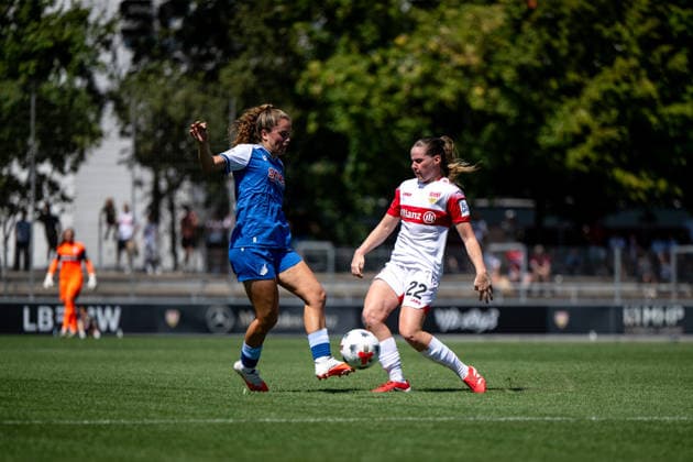 August 8, 2026, GER, Soccer, Women, Friendly, 2026–2027 Season, VfB Stuttgart vs. TSG 1899 Hoffenheim: Adriana Achinska (VfB Stuttgart, 22) in a tackle with Laia Martret Jiménez (Hoffenheim, 21), at the Robert Schlienz Stadium in Stuttgart, Baden-Württemberg, Germany Copyright: xNordphoto Memmlerx