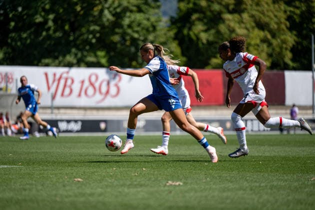 August 8, 2026, GER, Soccer, Women, Friendly, 2026–2027 Season, VfB Stuttgart vs. TSG 1899 Hoffenheim: Martine Trollsas Fenger (Hoffenheim), No. 15, with the ball; behind her, Katana Ameorfina Norman (VfB Stuttgart), No. 24; Robert Schlienz Stadium, Stuttgart, Baden-Württemberg, Germany Copyright: xNordphoto Memmlerx