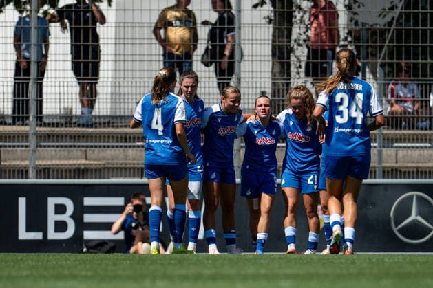 August 8, 2026, GER, Soccer, Women, Friendly, 2026–2027 Season, VfB Stuttgart vs. TSG 1899 Hoffenheim: Chiara Hahn (Hoffenheim, 23), Martine Trollsas Fenger (Hoffenheim, 15), Marie Steiner (Hoffenheim, 09), Laia Martret Jimenez (Hoffenheim, 21), Svenja Vöhringer (Hoffenheim, 34) and the team celebrate the goal that made the score 1–2, Stuttgart Robert Schlienz Stadium, Baden-Württemberg, Germany Copyright: xNordphoto Memmlerx
