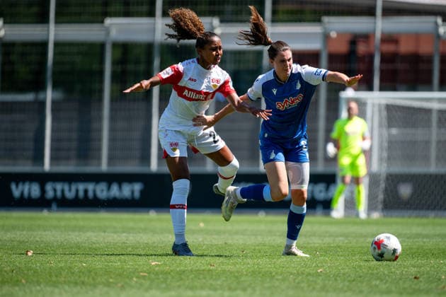 August 8, 2026, GER, Soccer, Women s, Friendly, 2026–2027 Season, VfB Stuttgart vs. TSG 1899 Hoffenheim: Katana Ameorfina Norman of VfB Stuttgart, 24, in a tackle with Chiara Hahn of Hoffenheim, 23, at Robert Schlienz Stadium in Stuttgart, Baden-Württemberg, Germany Copyright: xNordphoto Memmlerx