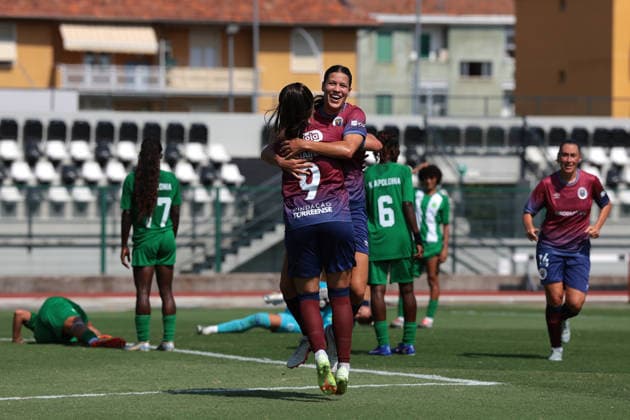 Biella, Italy, 8th August 2026. Ella Rose Tonkin of SCU Torreense celebrates with team mates after scoring to give the side a 2-0 lead during the SCU Torreense vs KFF Apolonia UEFA Womens Champions League Play Offs 3rd place match at Stadio Vittorio Pozzo, Biella. Picture credit should read: Jonathan Moscrop Sportimage EDITORIAL USE ONLY. No use with unauthorised audio, video, data, fixture lists, club league logos or live services. Online in-match use limited to 120 images, no video emulation. No use in betting, games or single club league player publications. SPI_008_TORREENSE_APOLONIA SPI-4905-0008